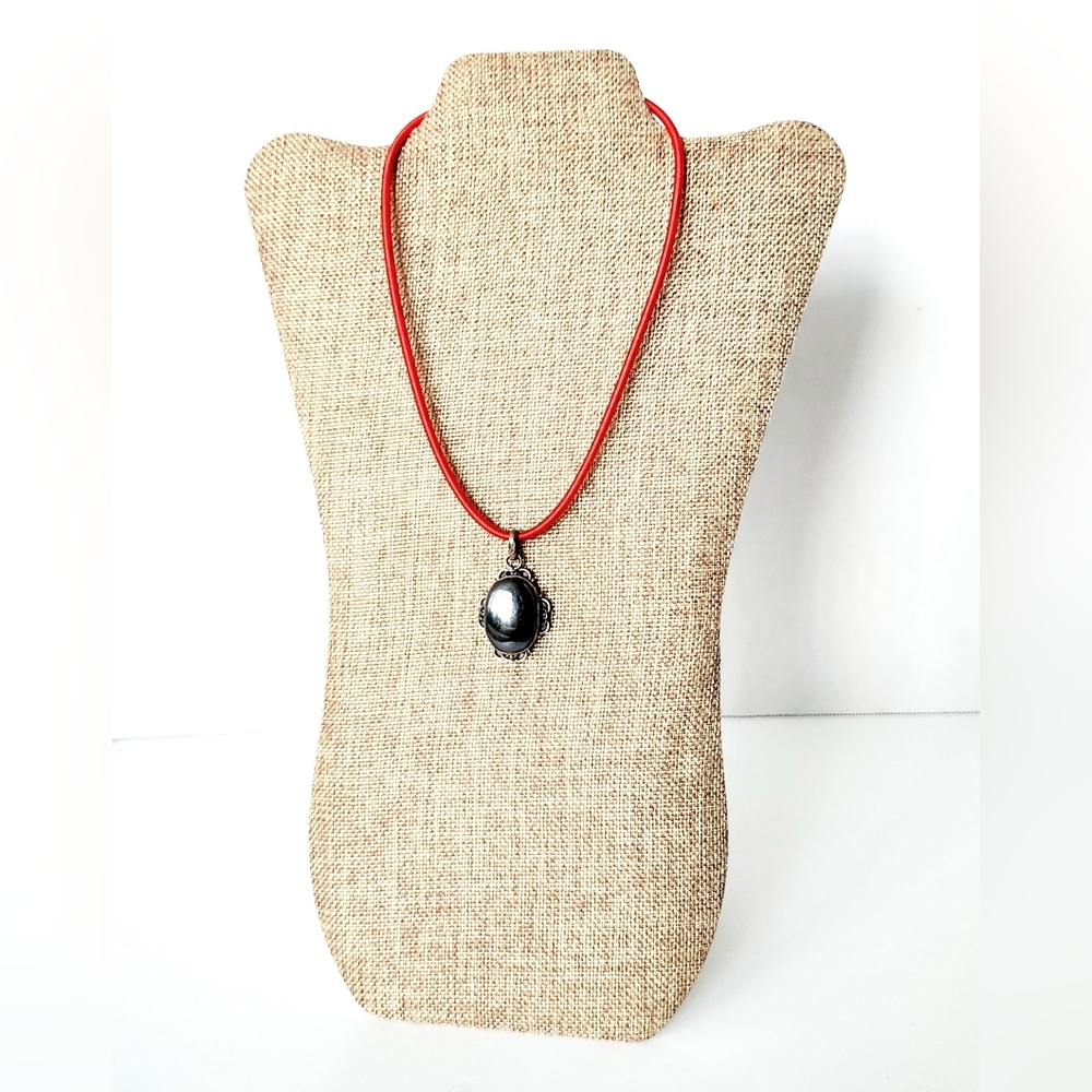Hematite Stone on Sterling Silver Base Pendant Cord Necklace.